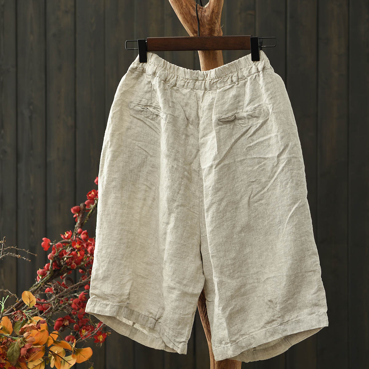 Maxct Women Summer Simple Linen Elastic-Waist Pants