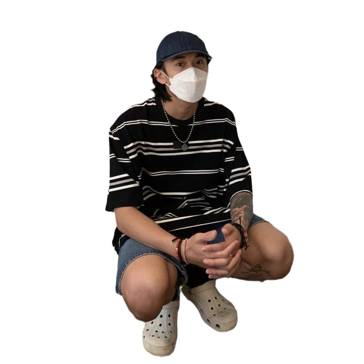 Maxct 90s Streetwear American Style Retro Black And White Striped Short-sleeved T-shirt Men's Trendy Brand Pure Cotton Lazy Style Oversize Summer New Half-sleeved T-shirt
