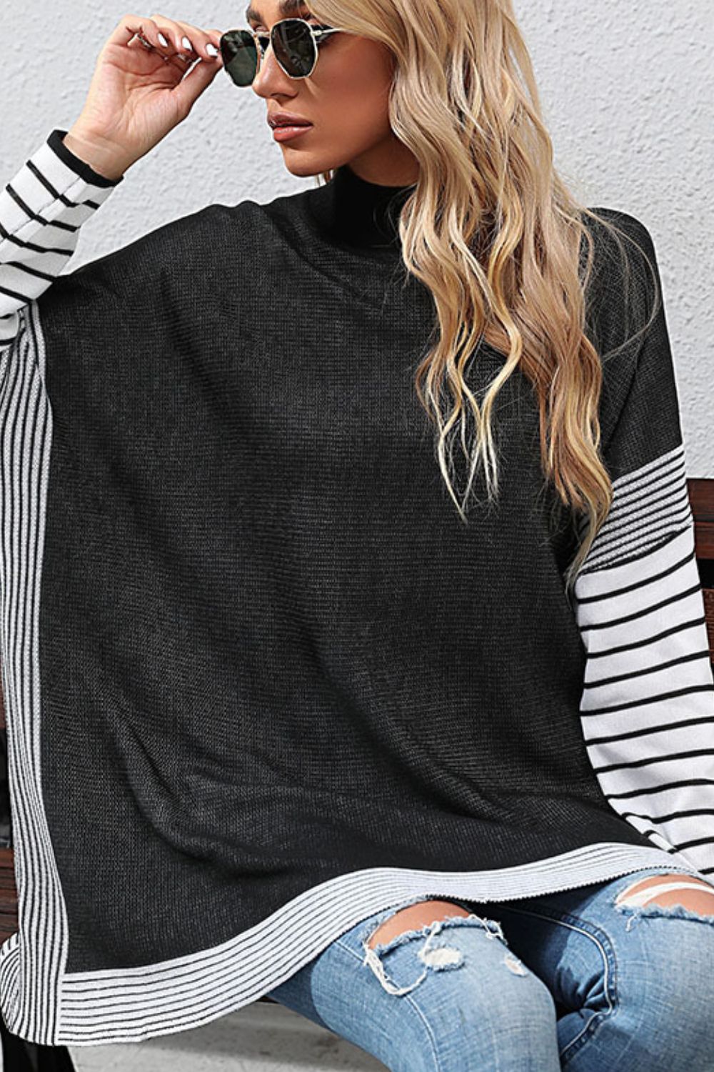 Maxct &Striped Dolman Sleeve Mock Neck Knit Pullover