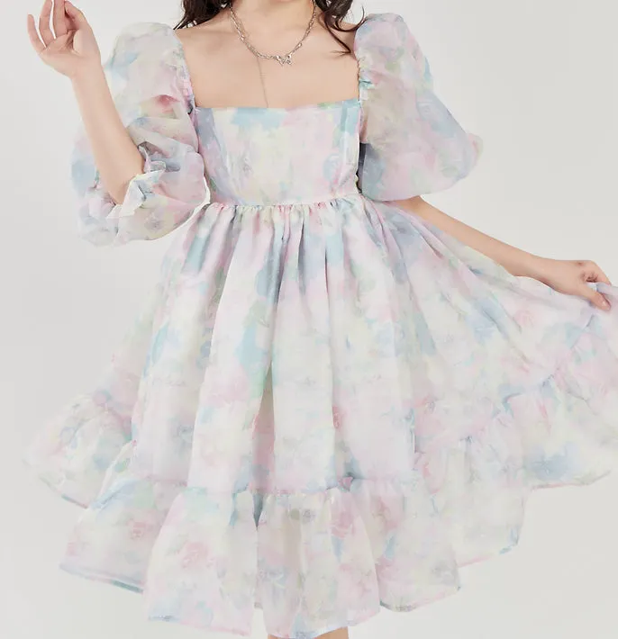 Watercolor Floral Puff Dress Maxct
