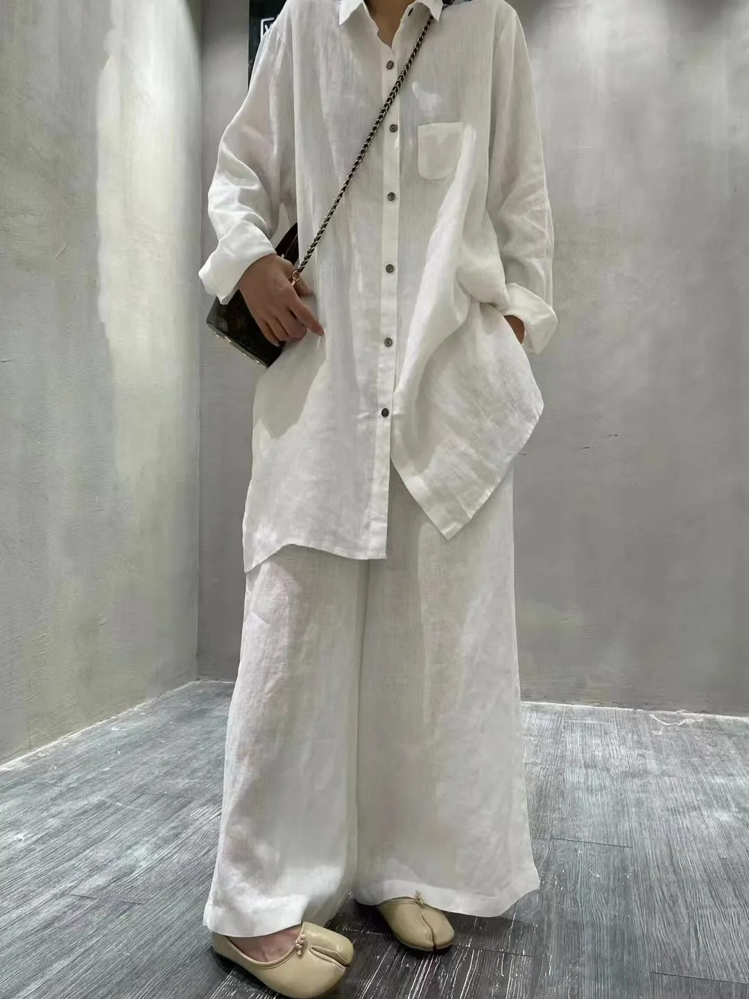 Maxct Retro Cotton Shirt&Wide-Leg Pants 2 Sets Suit