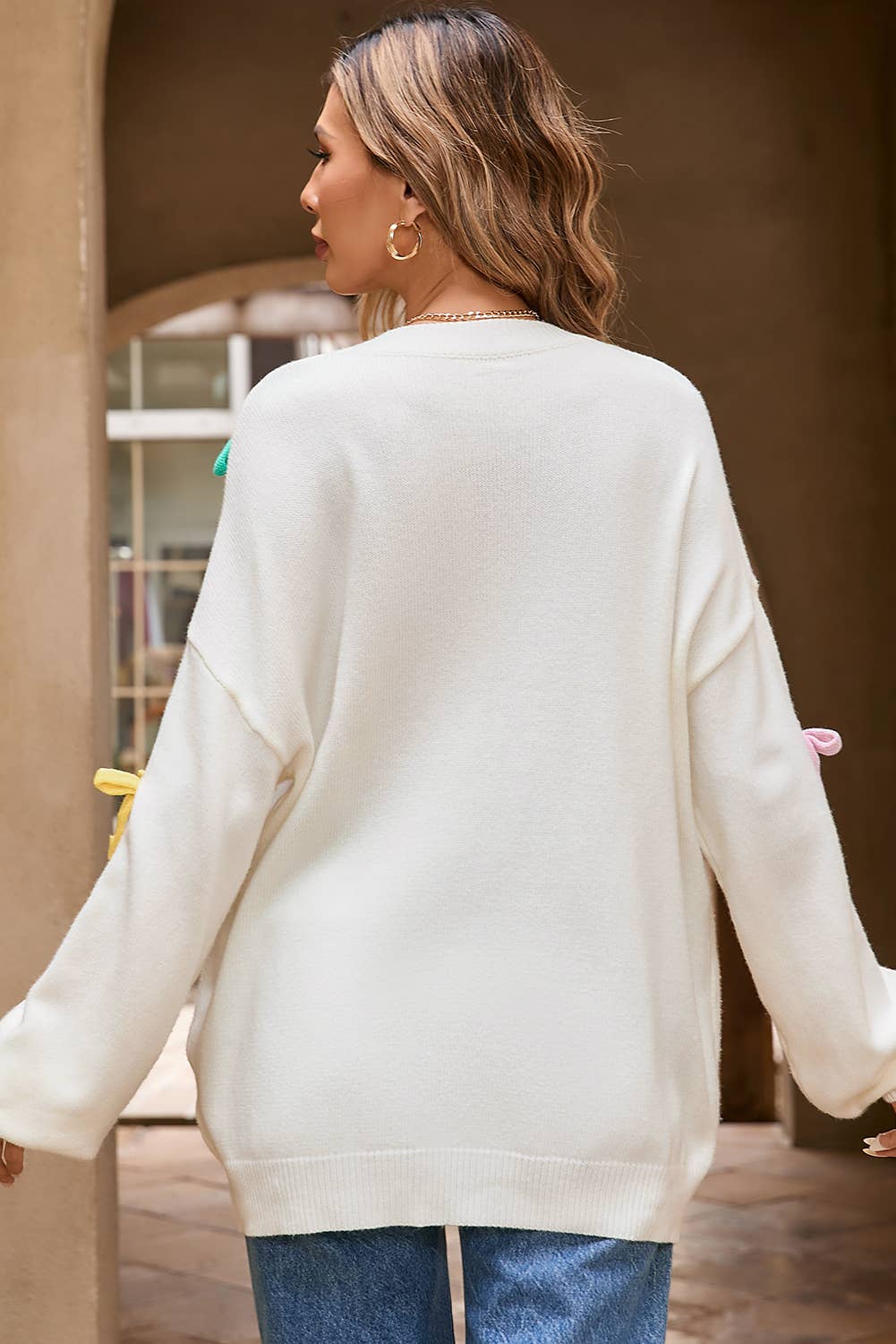 Maxct &Contrast Bow Round Neck Dropped Shoulder Sweater