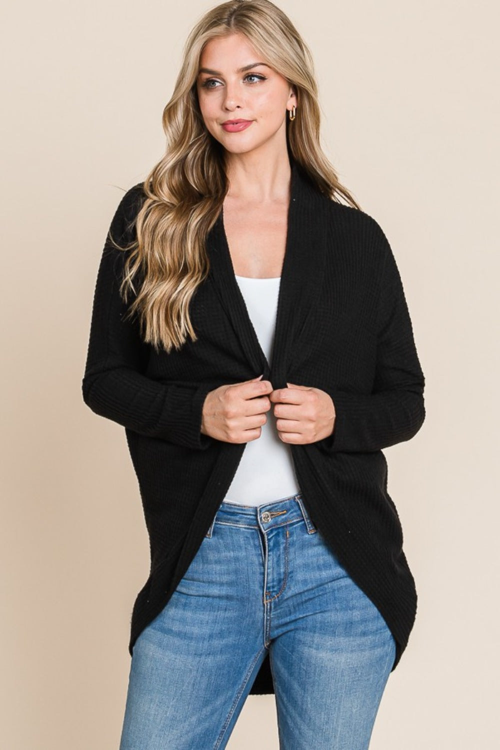 Maxct &BOMBOM Open Front Waffle Knit Cocoon Cardigan