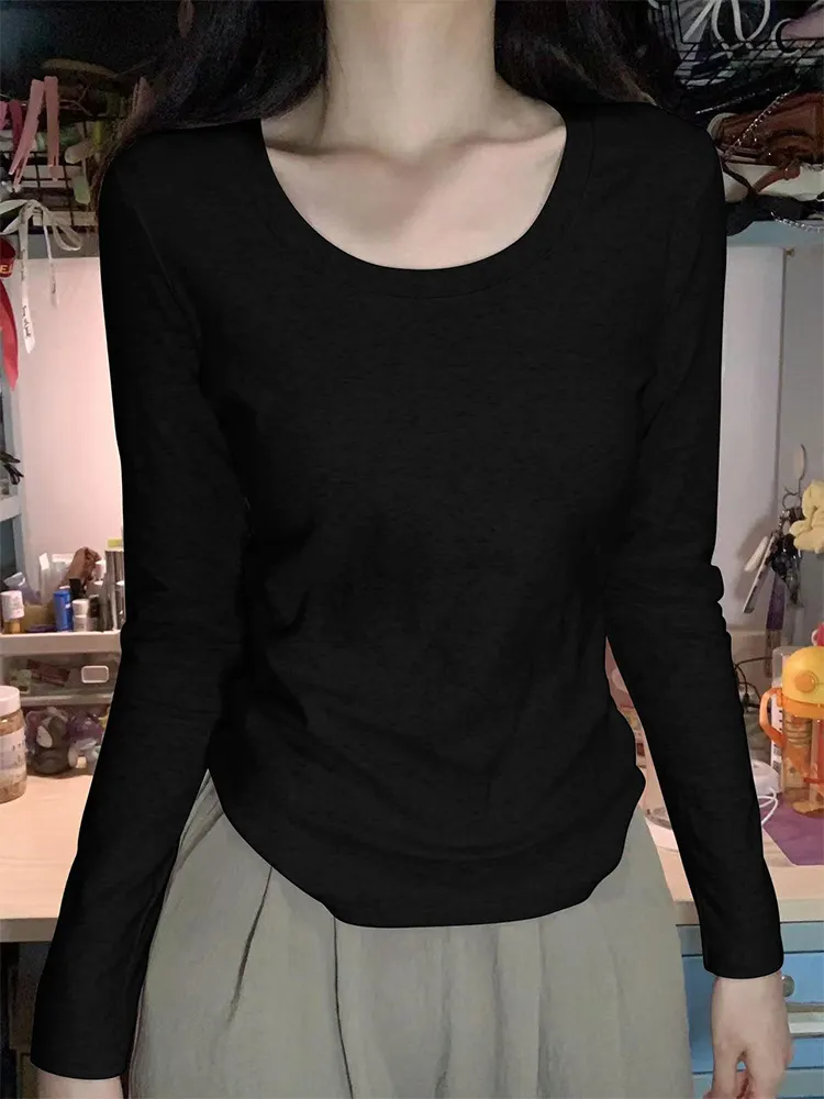 Maxct Shoulder T-Shirt Women's Spring and Autumn Outer Wearing Tight Waist Slim-Fit Pure Cotton Winter Inner Base Shirt New Long Sleeve Top