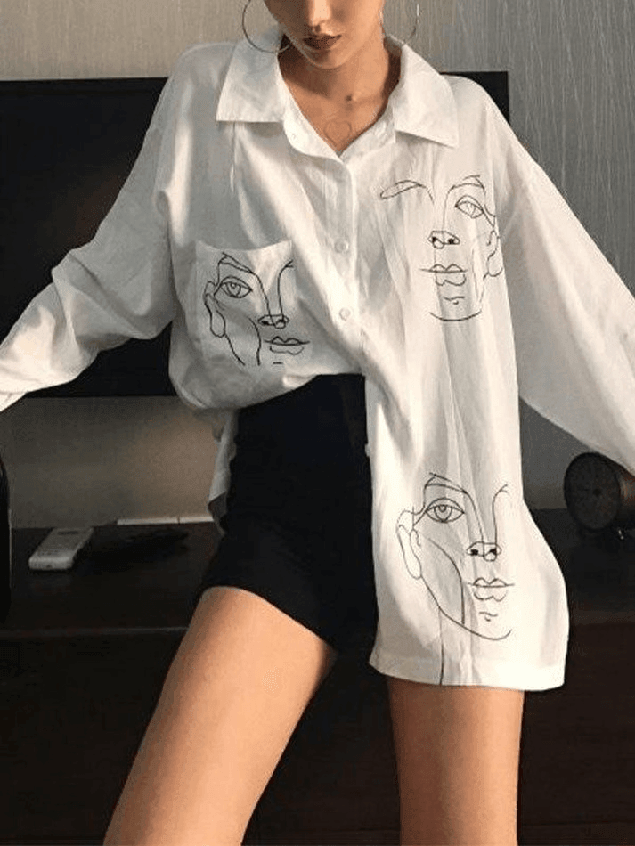 Maxct Abstract Face Print Long Sleeve Blouse