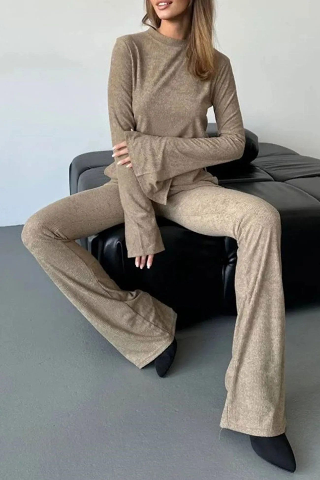 Maxct Solid Flare Sleeve Knit Tops Long Pants Set