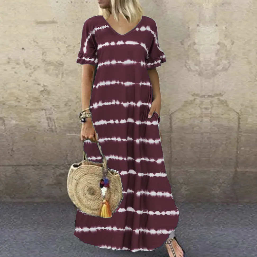 Maxct Maxct Summer Dress Wishv-Neck Lotus Sleeve Striped Print Dress Plus Size Casual Dress