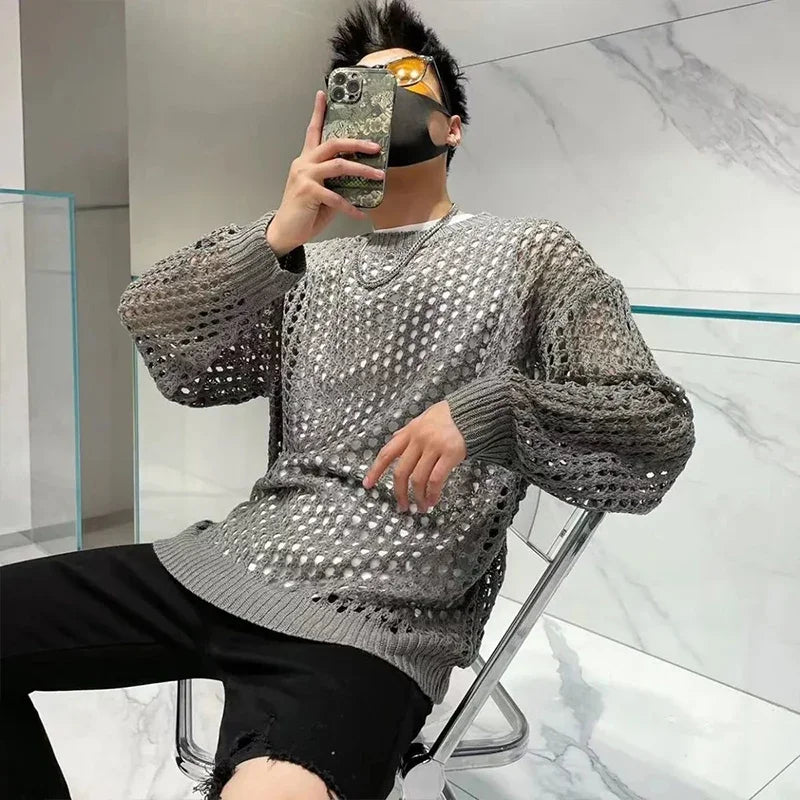 Maxct Summer Y2K Vintage Hollow Out Loose Knitting T-shirt Man All Match Geometic Tops Fashion Casual Outfits See-though Male Pullover