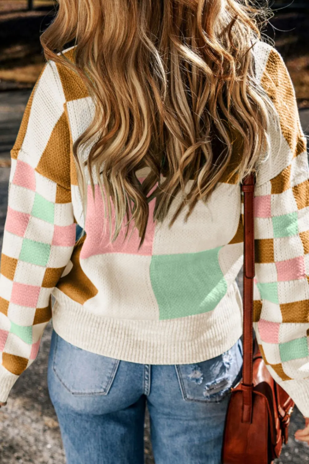 Maxct &Checkered Round Neck Drop Shoulder Sweater
