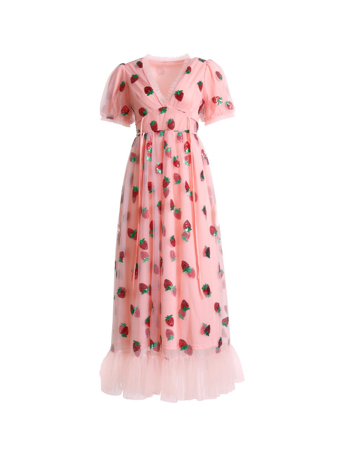 Sequined Strawberry Mesh Pleated Maxi Dress Maxct