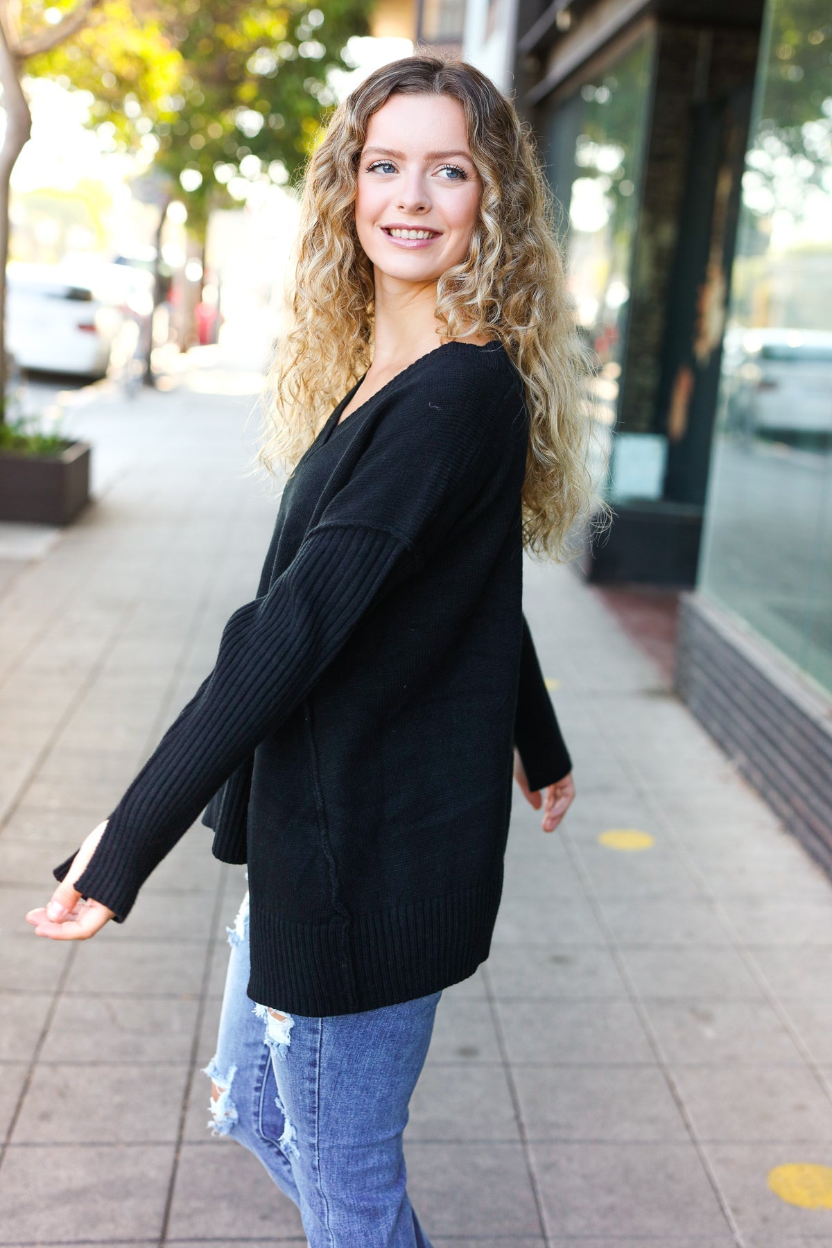 Maxct &Casual Chic Black Oversized V Neck Rib Knit Sweater