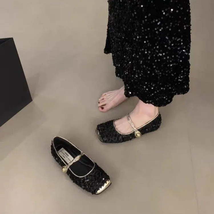Sequined Square Toe Mary Jane Flats Maxct