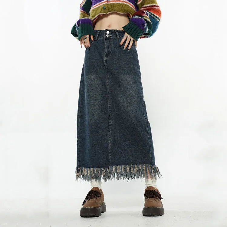 Aesthetic Long Denim Fringe Skirt Maxct