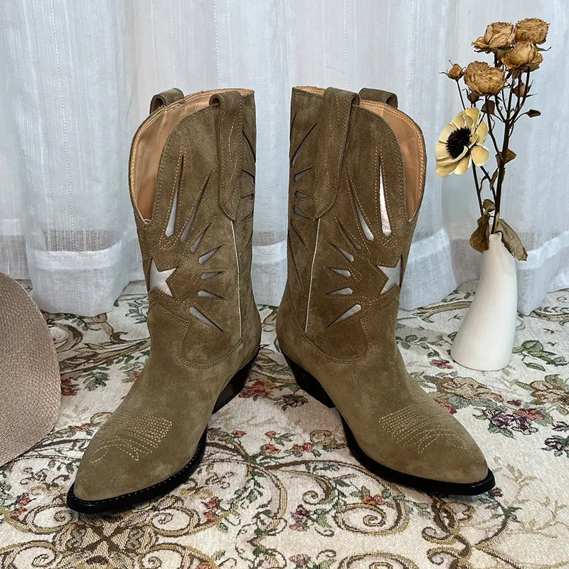 Womens Western Contrast-stitching Cowboy Boots - Suede Khaki/Black Cowgirl Boots Maxct
