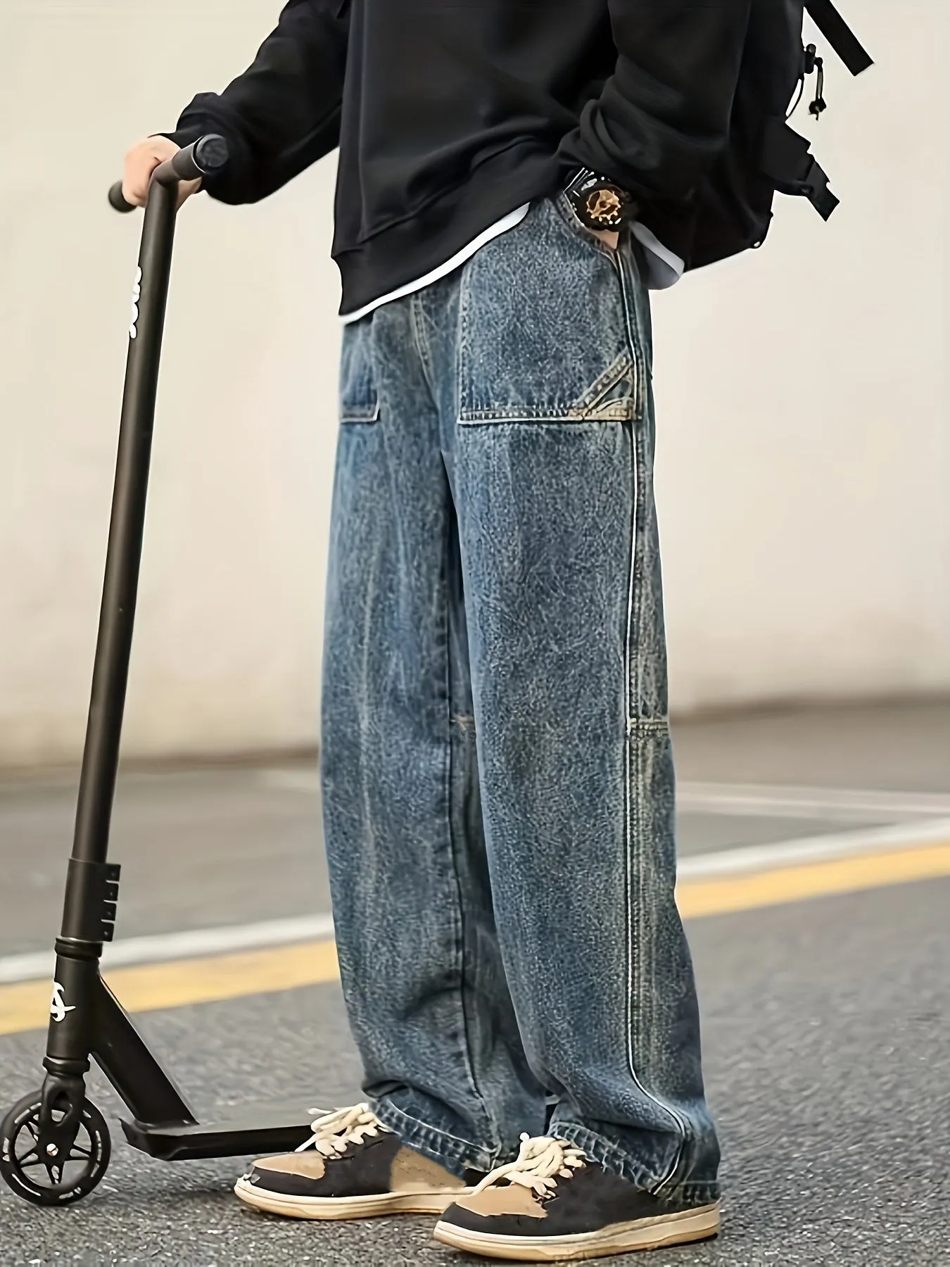 Maxct  Wide Leg Cotton Jeans, Men's Casual Street Style Patchwork Denim Pants For Spring Summer