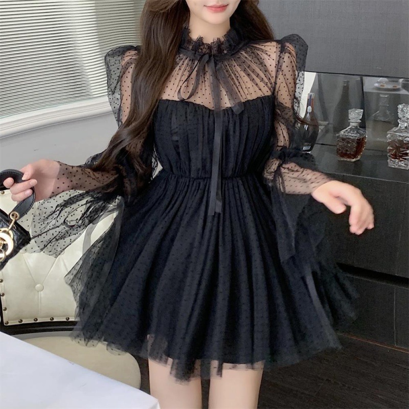 Maxct avant garde dress to impress Long Sleeve Polka Dot Mesh Stitching Tube Top Waist Slimming Pettiskirt Dress Women's Spring and Autumn New