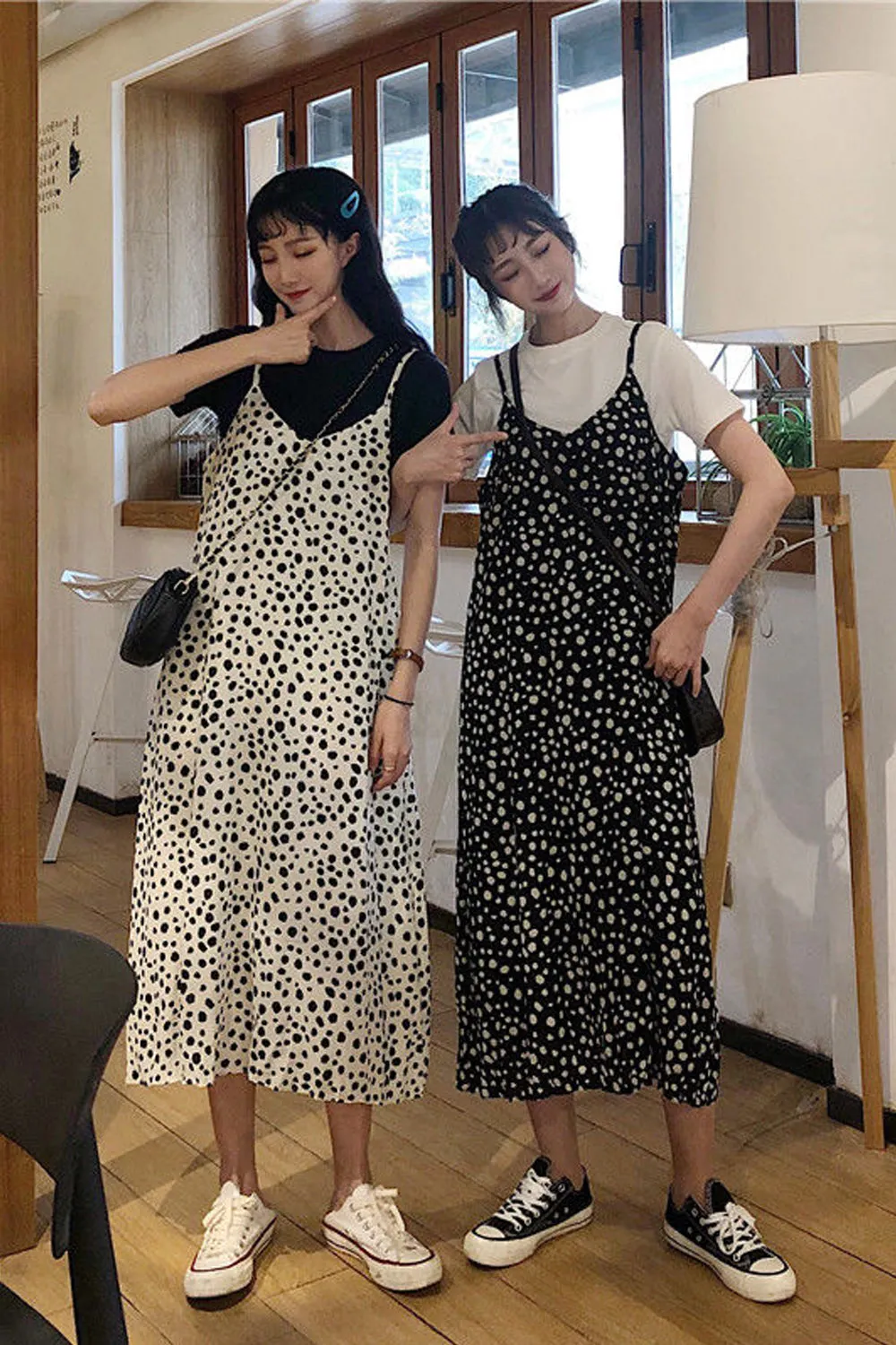 Sleeveless Dot Pattern Strappy Long Dress Maxct