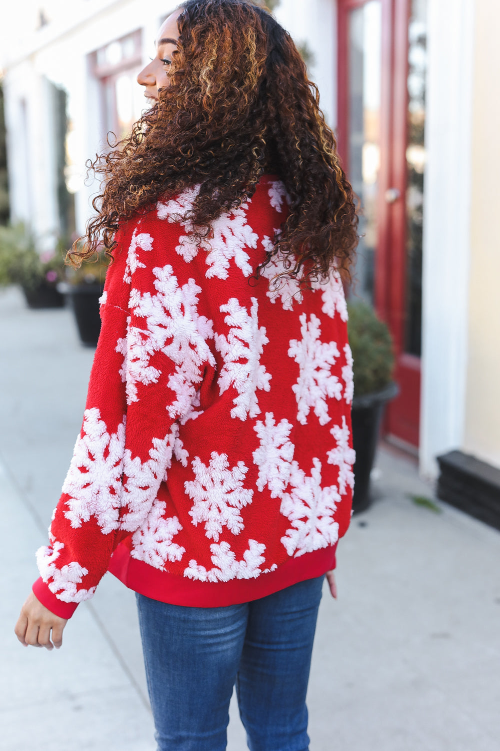 Maxct &Season Greetings Red Puffy Snowflake Sherpa Pullover