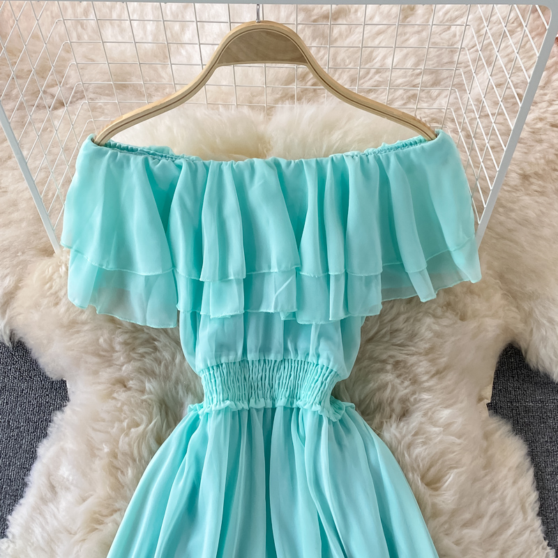 Chiffon Dress Women Sexy Slash Neck Ruffle Robe Elegant Ruffle High Waist Vestidos Female Beach Vacation New