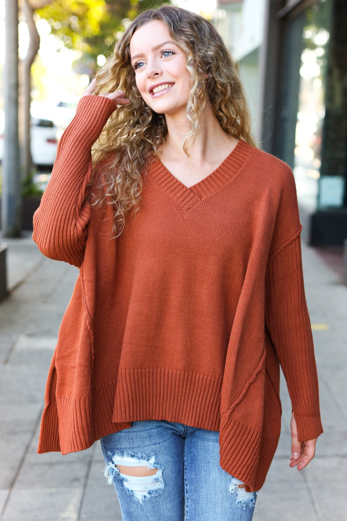 Maxct &Casual Chic Rust Oversized V Neck Rib Knit Sweater