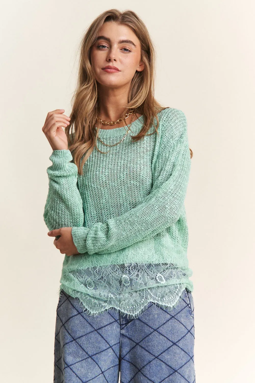 Maxct &J.NNA Lace Detail Long Sleeve Knit Top