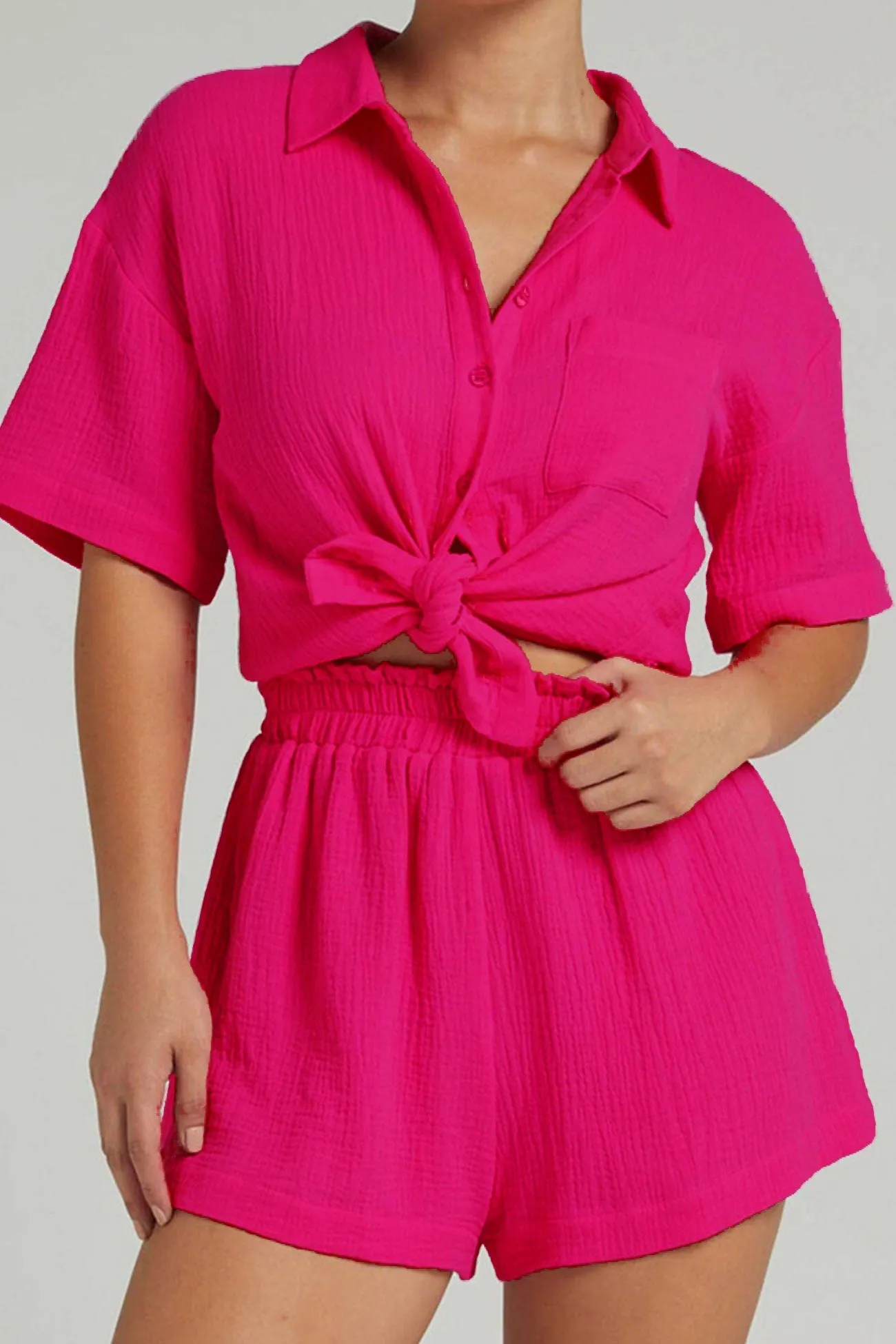 Maxct Solid Color Short Sleeve Shirt Cotton Two-piece Shorts Set
