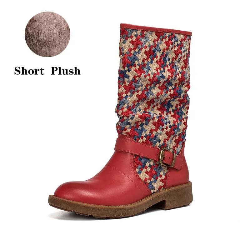 Woven Boots Mid Calf Color Blocking Design Riding Boots Maxct