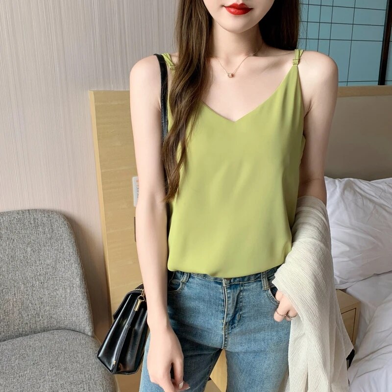 Maxct Chiffon Camisole Female V Neck Plain Loose Camis Tops With Adjustable Straps