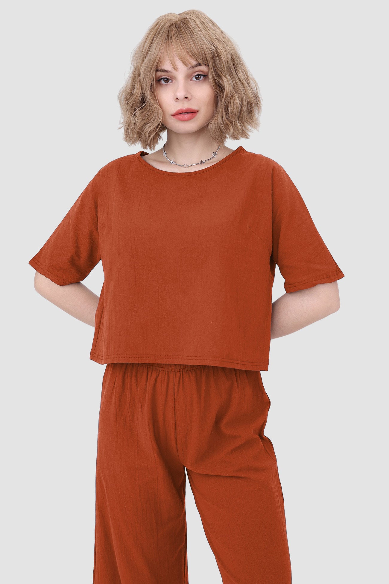 Maxct Solid Short Sleeve Top & Elastic Waist Pants