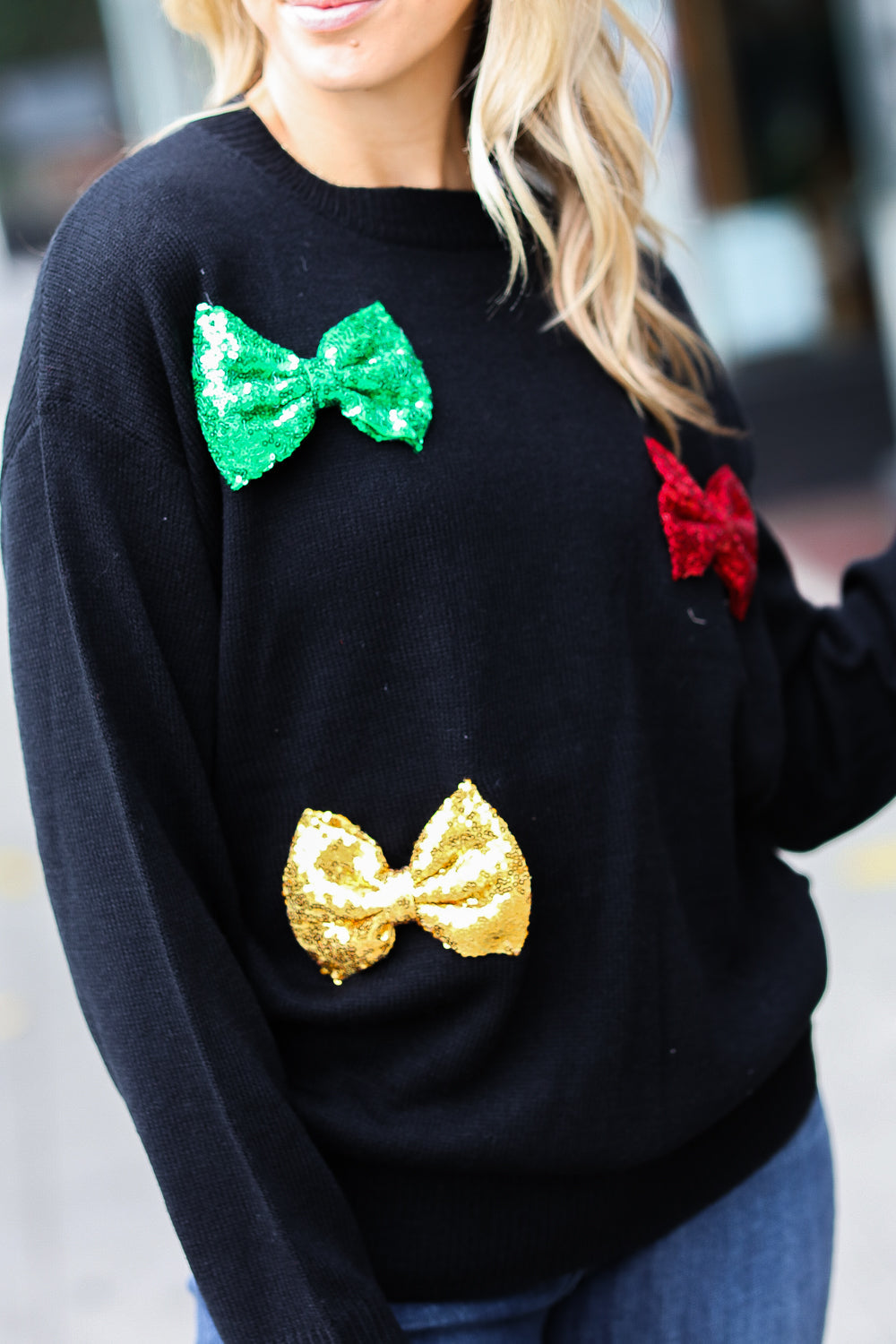 Maxct &Be Merry Black Multicolor Sequin Bow Knit Sweater