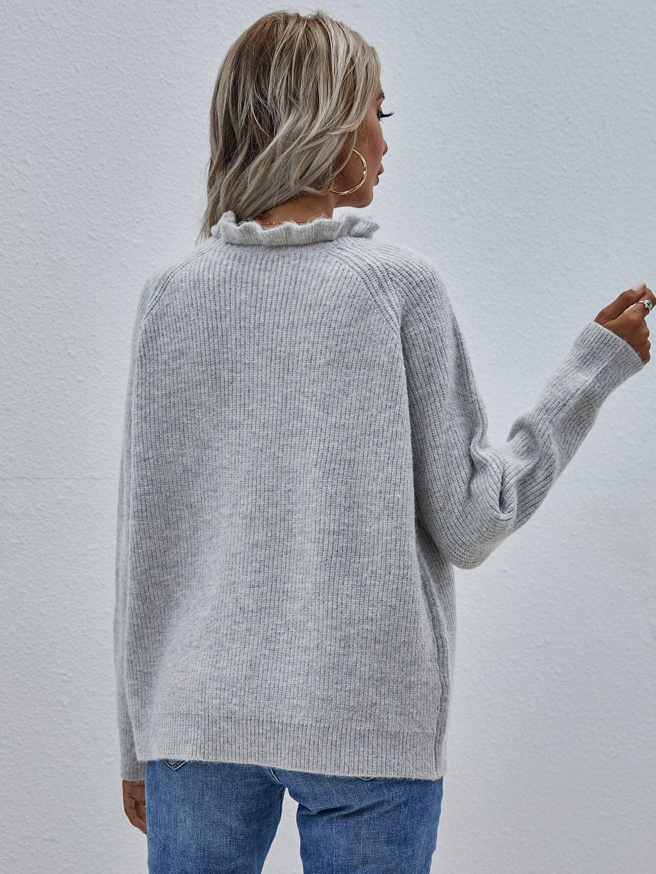 Maxct &Button Detail Frill Neck Rib-Knit Sweater