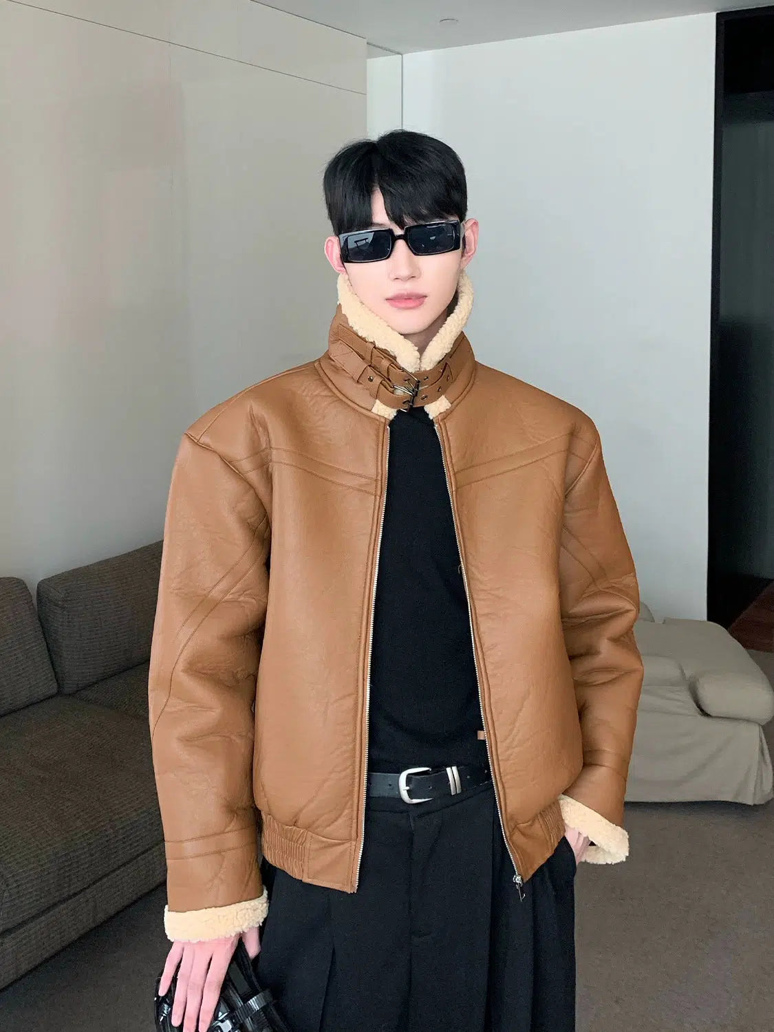 Maxct Fleece Stand Collar Faux Leather Jacket