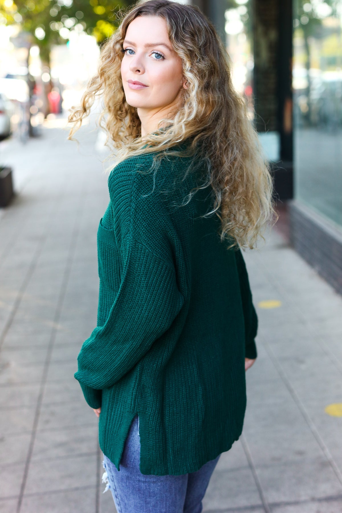 Maxct &Classy Chic Hunter Green Mock Neck Chest Pocket Knit Sweater