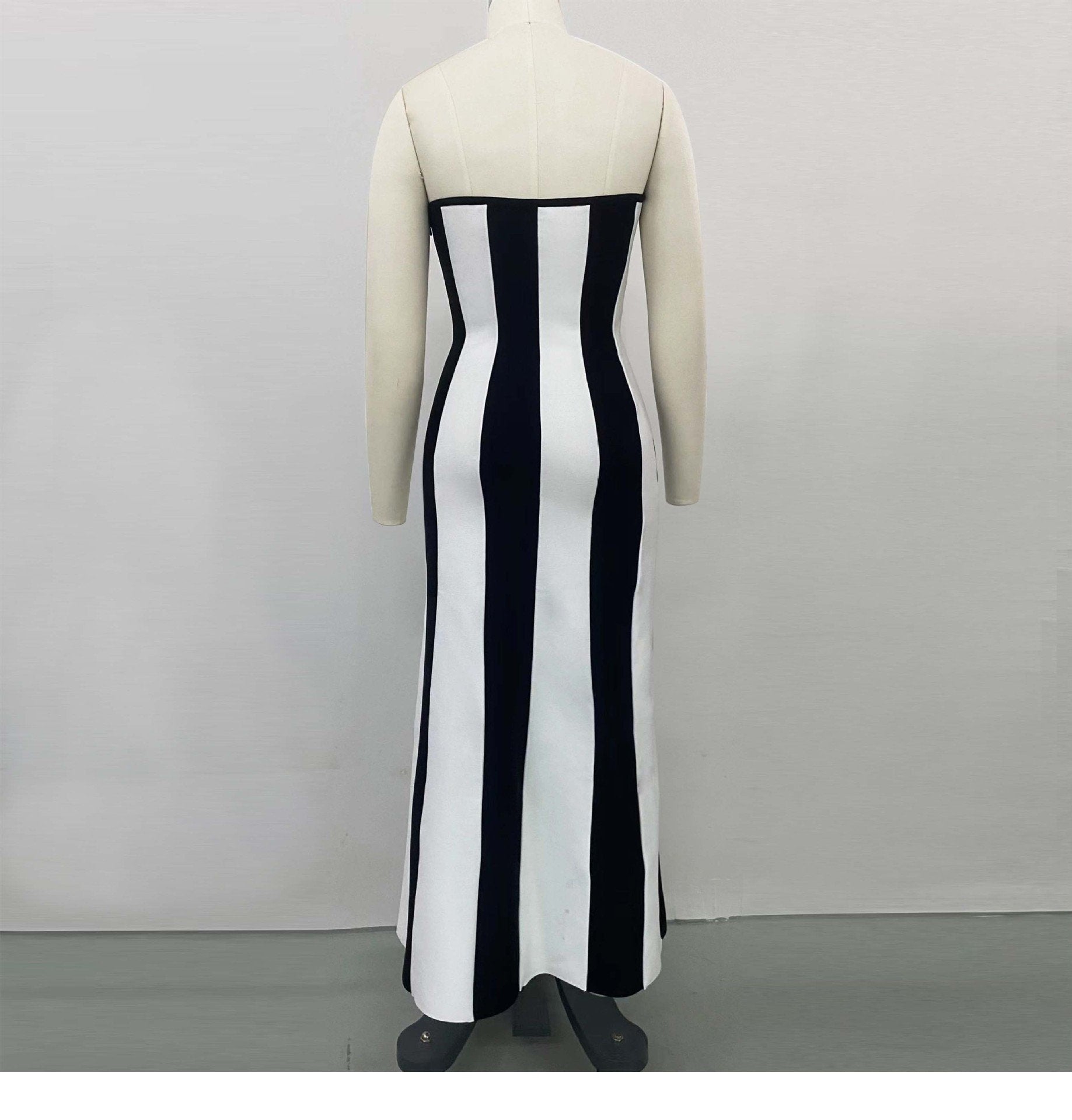 Maxct Strapless Bandage Dress Women's Hepburn Chest Wrap Skirt Black And White Striped High-end Banquet Dress Daily Wear