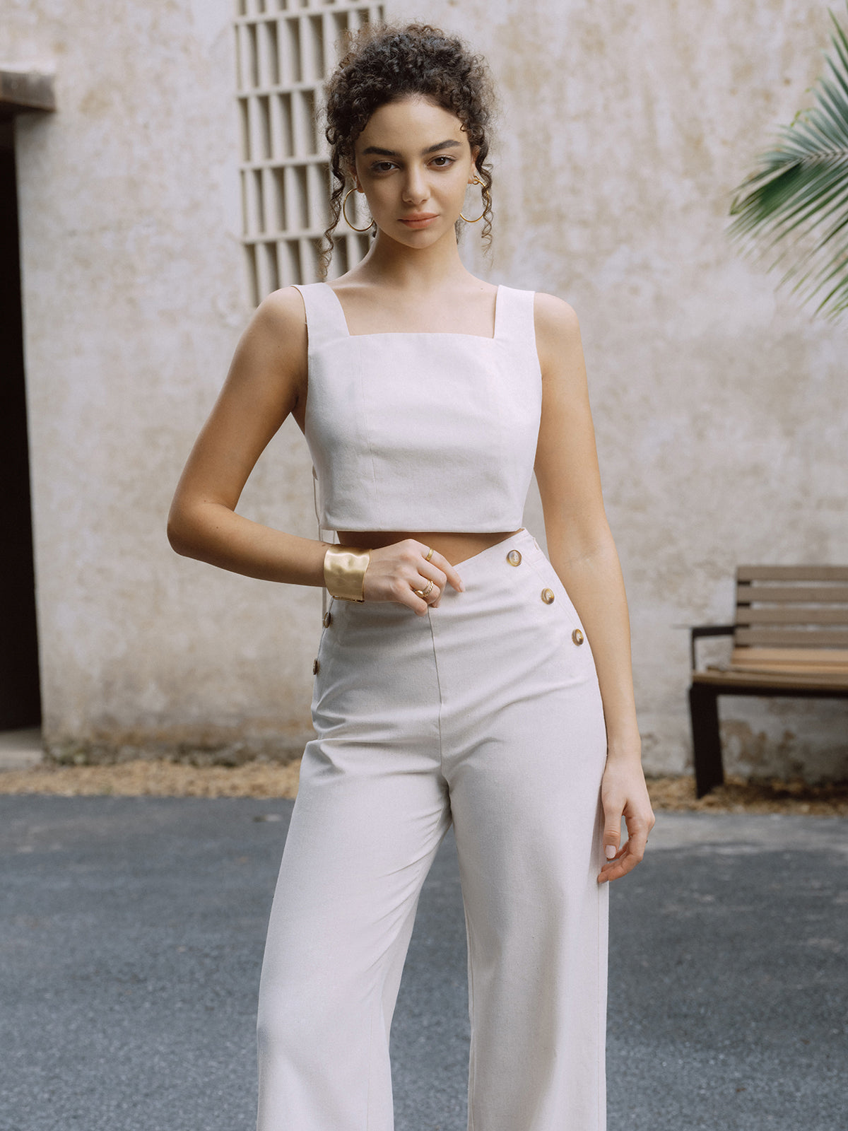 Maxct Cotton & Linen Button Decor Tank Top With Straight Leg Pants Set