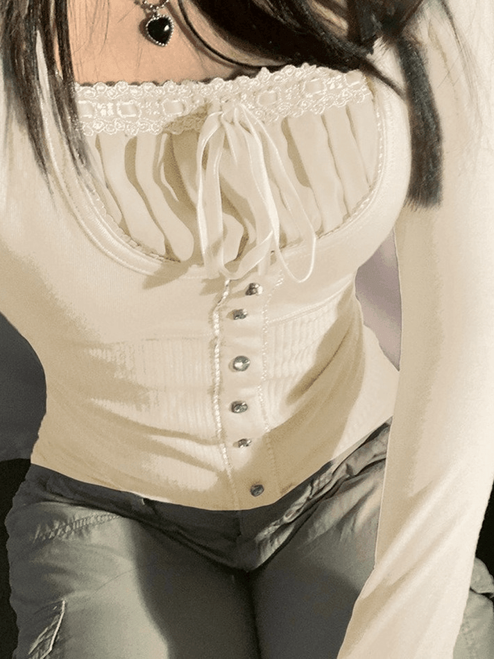 Maxct Fleece Bow-Neck Ribbed Lace Blouse