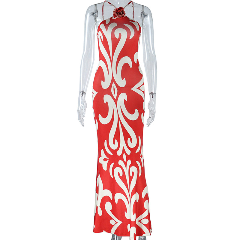 Maxct Fashionable Printed Sexy Sleeveless Halter Three-Dimensional Flower Decoration Sheath Dress Trendy Women