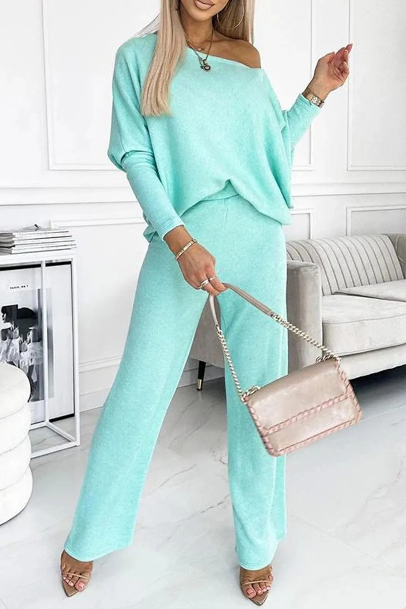 Maxct Solid Drop Shoulder Pullover Pants Set