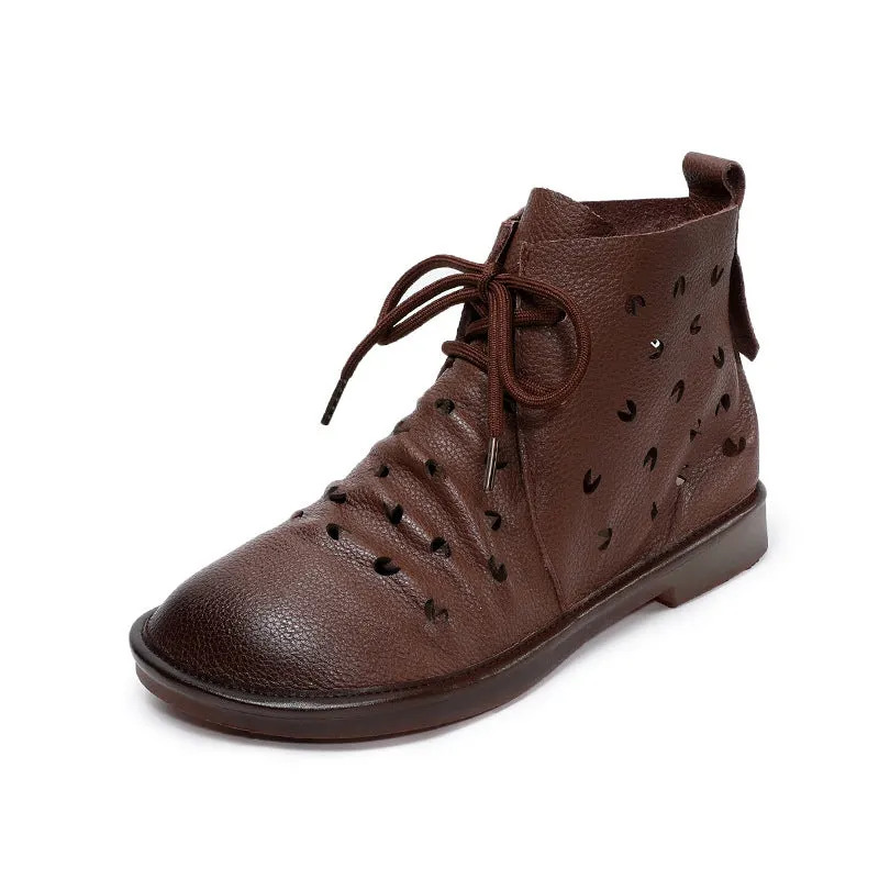 Women Summer Leather Hollow Lace Up Soft Sole Boots