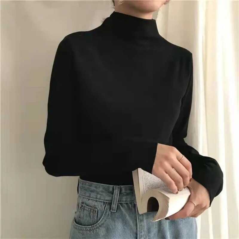 Maxct T-Shirts Women Long Sleeve Striped Solid Turtleneck Bottoming Shirt Korean Fashion All-Match Simple Loose Soft Tops New