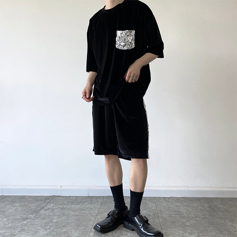 Maxct Glitter Sequin Pocket Velvet T-Shirt Shorts Set