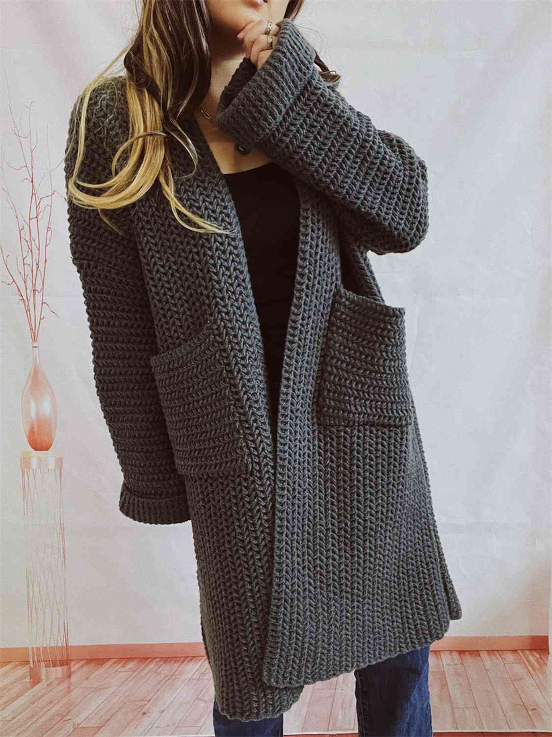 Maxct &Open Front Long Sleeve Cardigan with Pockets