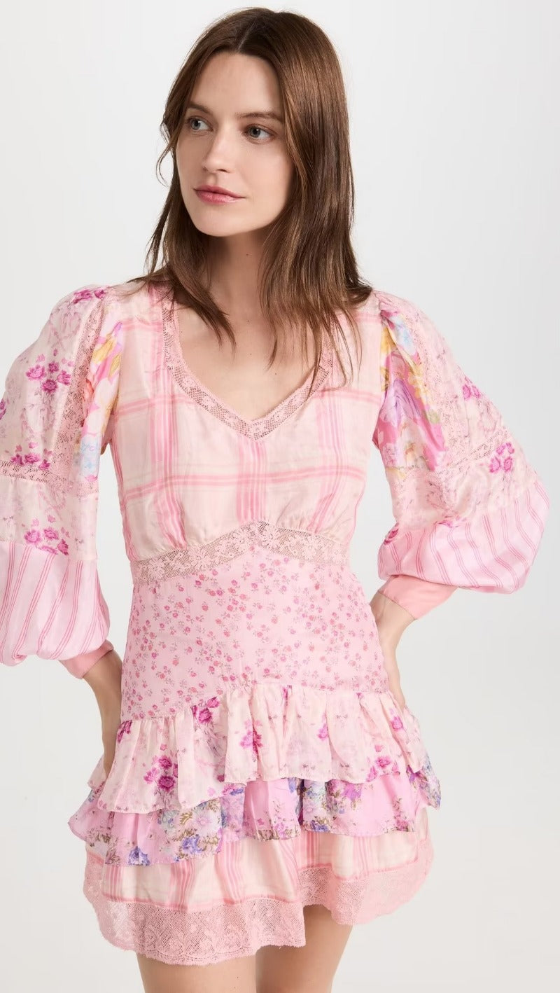 Maxct Inspired crochet-trimmed floral print cotton mini dress wrap-like summer dress cute V-neck short sleeve party dress women