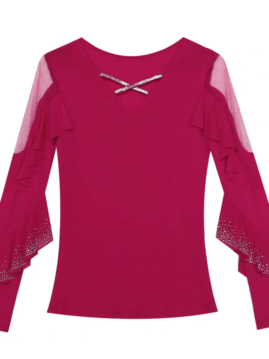 Maxct Spring Summer T-shirts Women V-neck Ruffles Long Sleeve Solid Mesh Elastic Tops Tees Female Fashion Diamonds T Shirt
