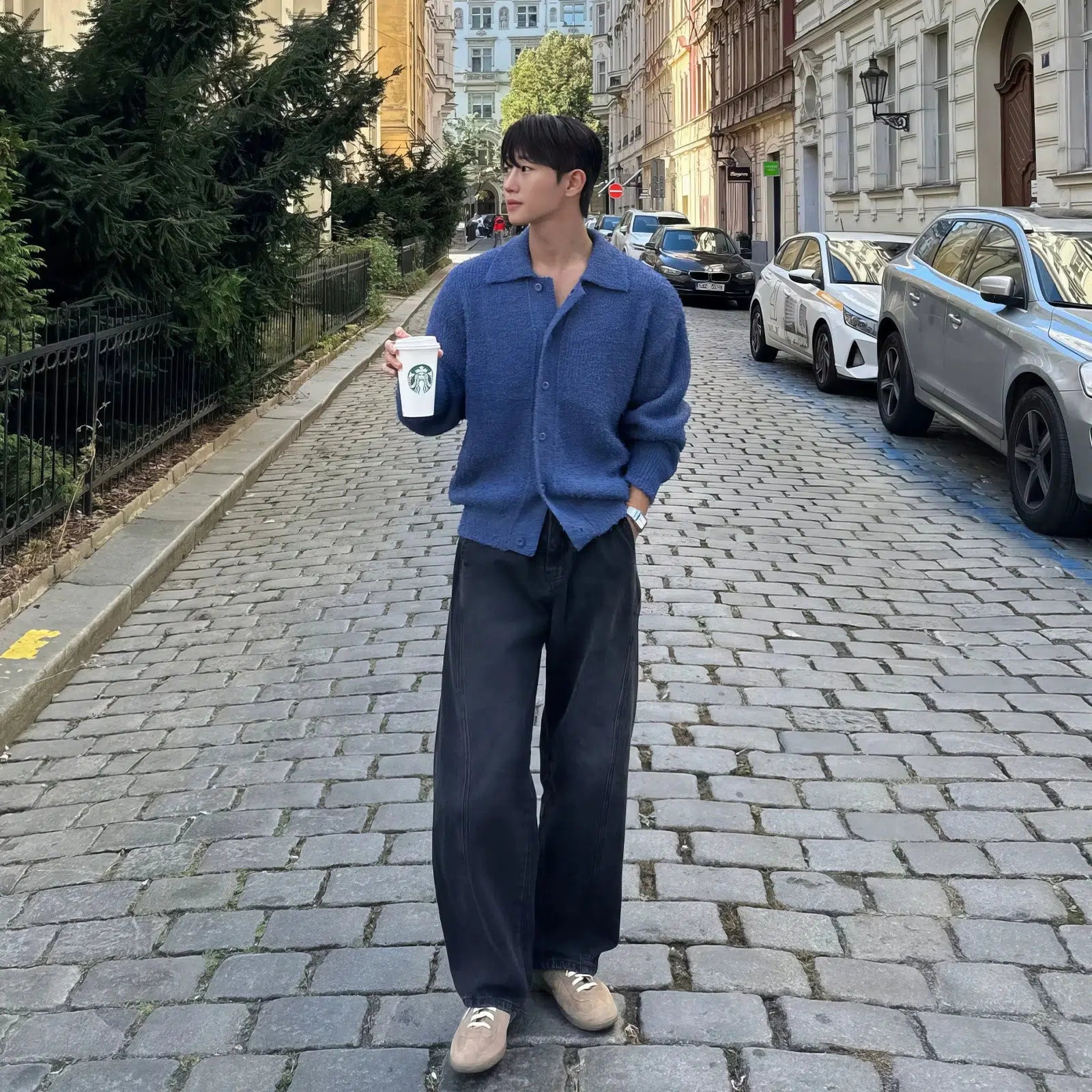 Maxct Dark Blue Lapel Sweater Cardigan
