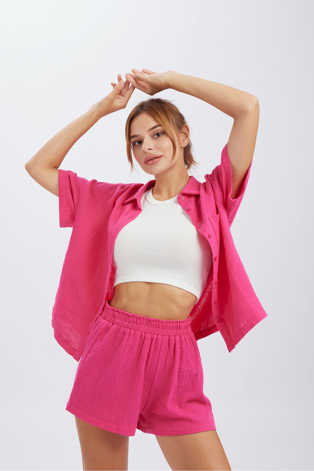 Maxct Solid Color Short Sleeve Shirt Cotton Two-piece Shorts Set