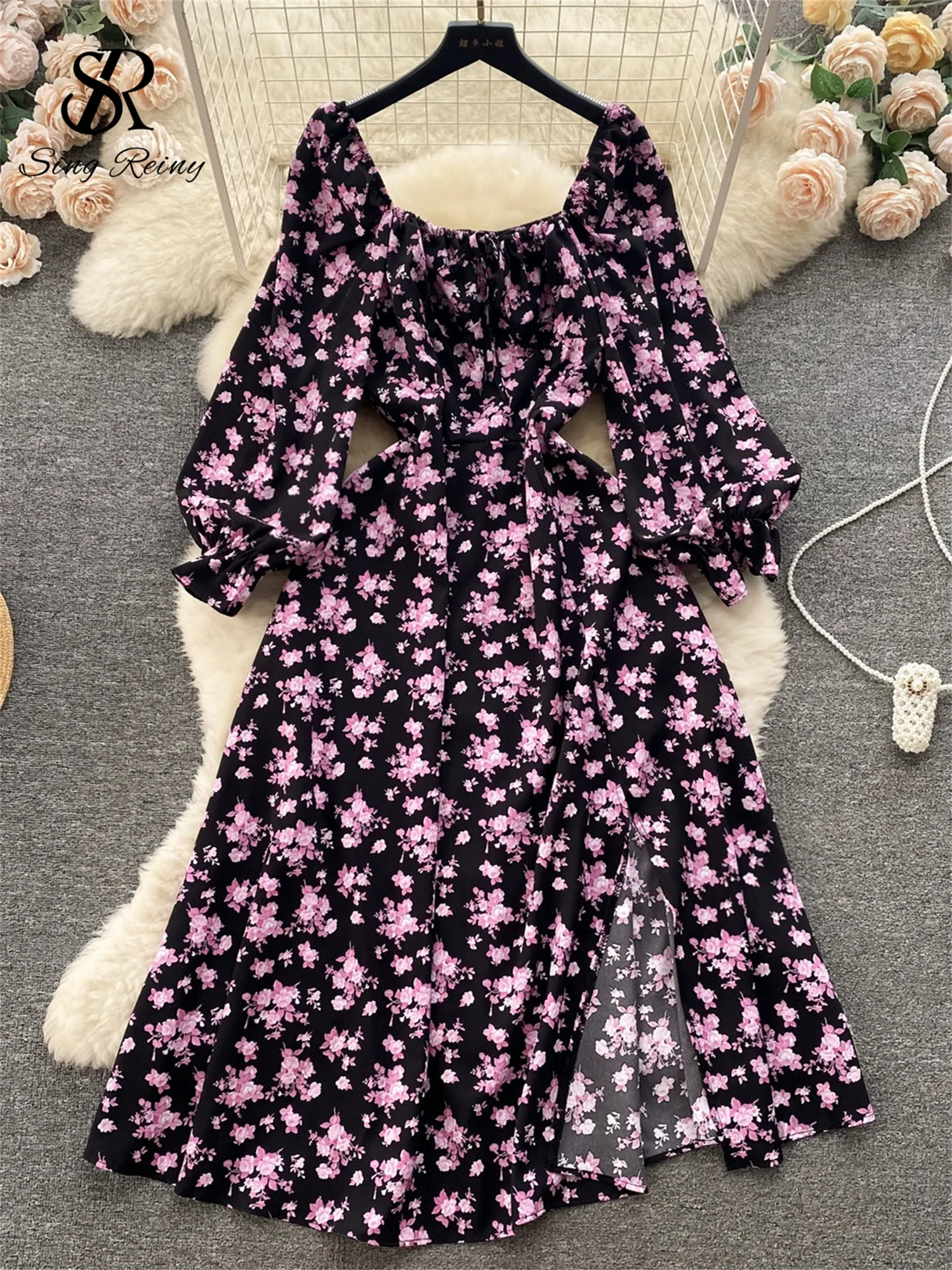 Maxct Summer Chiffon Split Midi Dress Women Square Collar Puff Sleeve Elastic Waist Gentle Korean Flora Print Sexy Dress