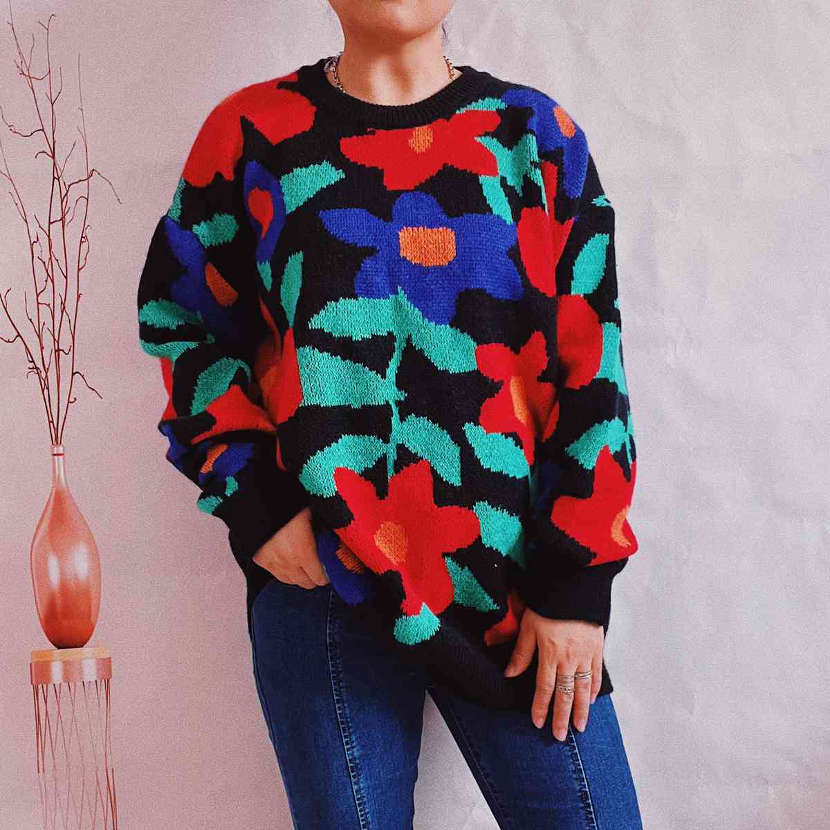 Maxct &Floral Print Round Neck Drop Shoulder Sweater