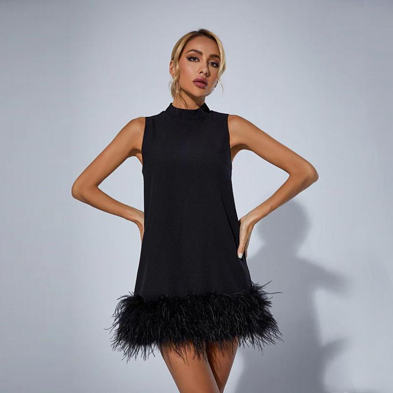Maxct Australian Fashion Brand Design Sense Fashion Women's High Sense Spring Elegant Black Ostrich Hair Stitching Dress