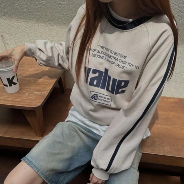 Maxct Vintage Letter Print Round Neck Sweatshirt